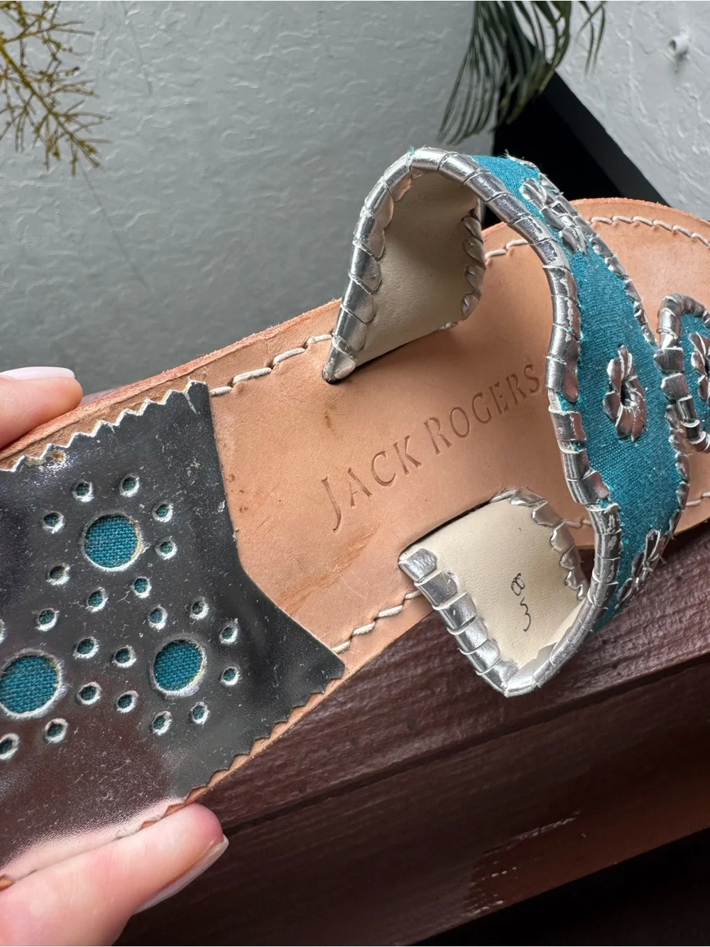 Jack Rogers Turquoise Leather Thong Sandals with Silver Accents